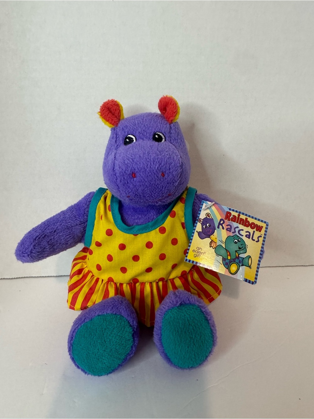 NWT Eden Purple Hippo Plush 8" Yellow Polka Dot Dress Rainbow Rascal Vintage